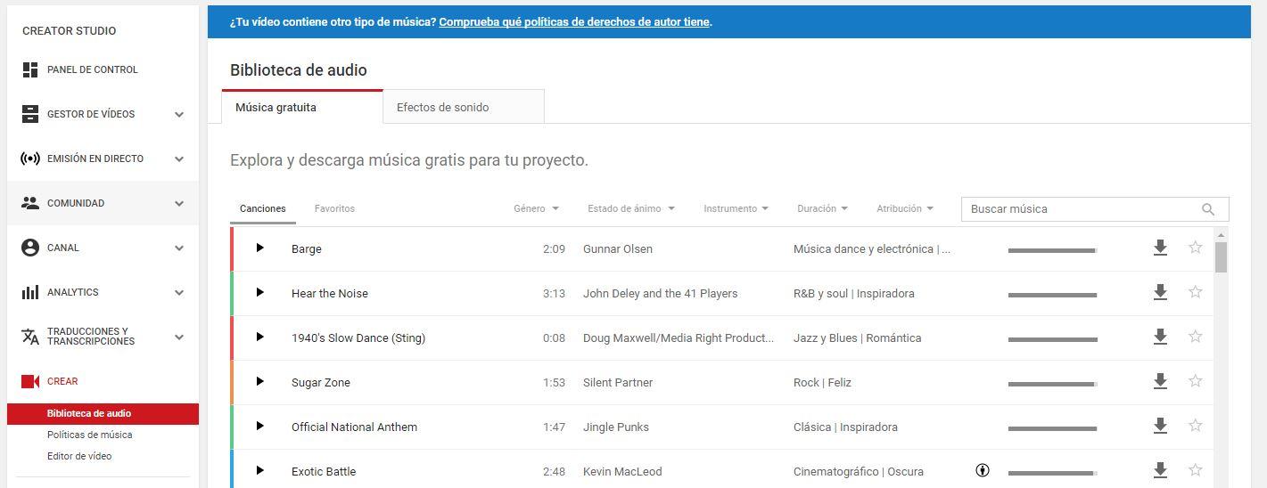 librería de audio de youtube