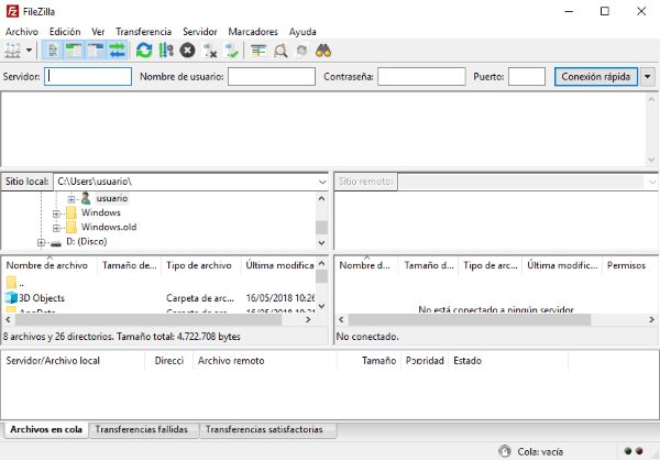 pantalla inicial de Filezilla