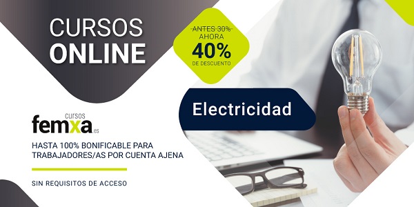 Cartel anunciador de los cursos de electricidad de femxa, se aprecia una mano con una bombilla