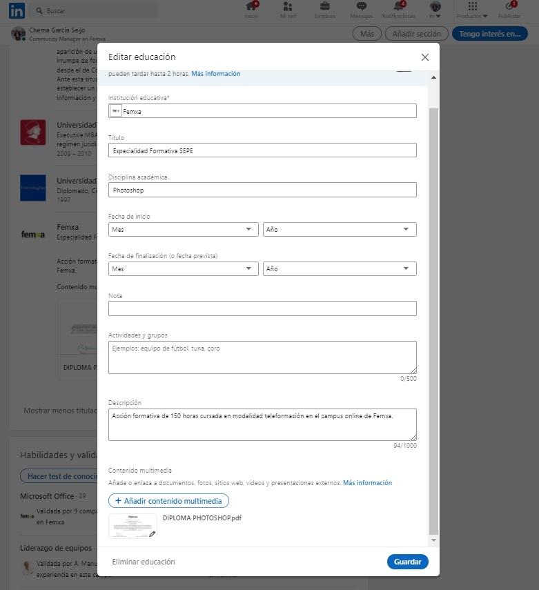 formulario para asociar la formación en femxa al perfil de Linkedin