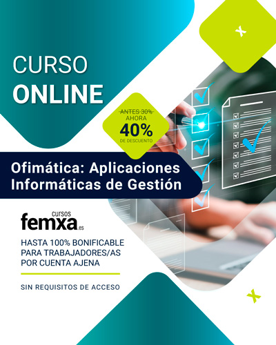 Cartel anunciador del curso de aplicaciones informáticas de gestión, se visualiza un 40% de descuento y un bolígrafo marcando campos en una base de datos