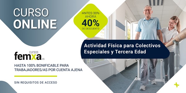 Cartel anunciador del curso de actividad física para colectivos especiales, se aprecia un paciente con una enfermera en un centro de rehabilitación