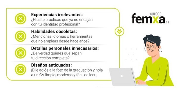 Dibujo de una chica con jersey verde femxa actualizando su cv en un portátil, al lado de texto en el que se leen los consejos para hacerlo