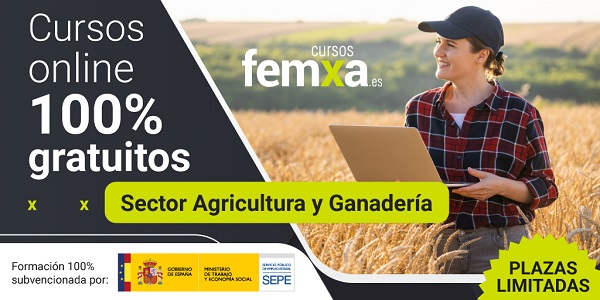 Cartel anunciador de los cursos para el sector de agricultura y ganadería, se ve a una agricultora con portátil en un campo de trigo