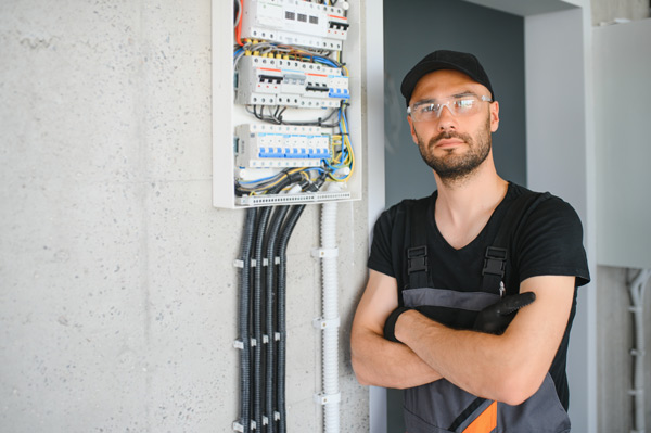 Electricista posa al lado de un cuadro eléctrico abierto en una edificación