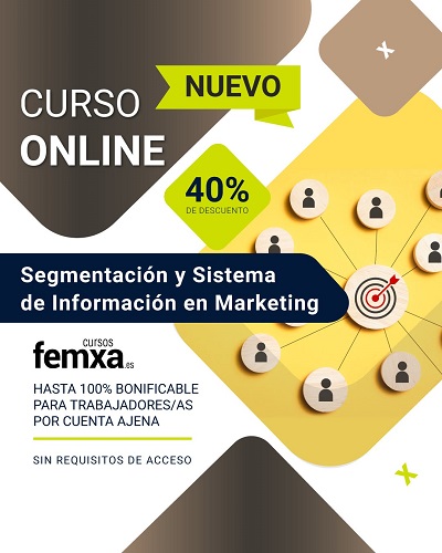 Cartel anunciador del curso de segmentación en marketing, se ven unos iconos que representan usuarios y consumidores al lado de los logos de cursos femxa