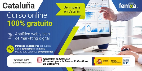 Cartel anunciador del curso de analítica web y plan de marketing financiado por la generalitat de catalunya y el servicio público de empleo estatal