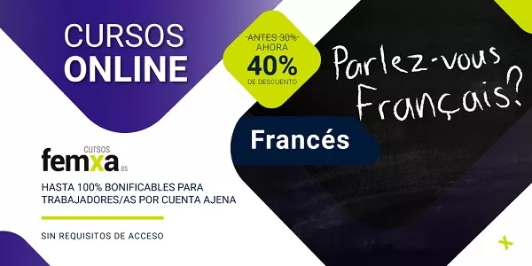 cartel anunciador de los cursos online bonificables de francés, se ve una pizarra  con el lema "parlez-vous français? y el descuento del 40% en cursos sin requisitos de acceso