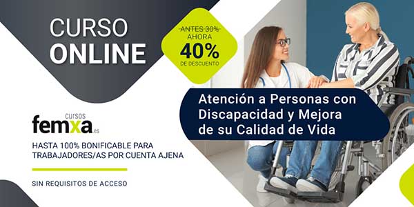 Cartel anunciador del curso de atención a personas con discapacidad, se aprecia una señora rubia en silla de ruedas y a una cuidadora joven