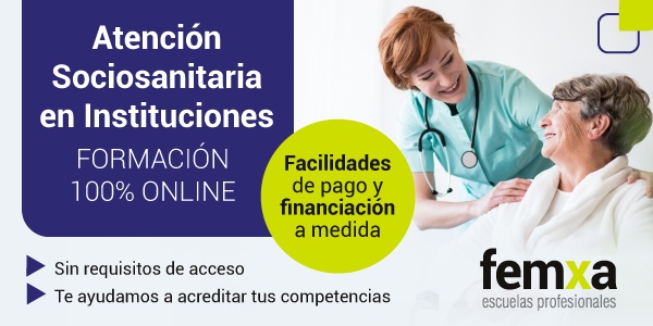 médica geriatra con una señora mayor, forma parte del cartel anunciador del curso de atención sociosanitaria en instituciones