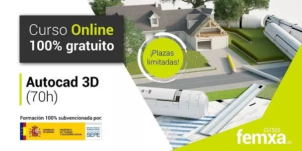 Cartel anunciador del curso de Autocad 3 D se aprecian casas y un plano realizado con autocad