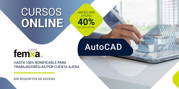 Mano de arquitecto modelando en una tablet una infografía de un edificio, imagen insertada en el cartel de los cursos online de Autocad de femxa