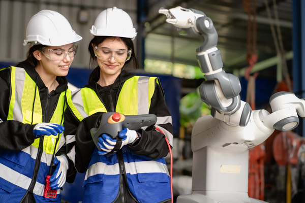 dos operarias jóvenes con chalecos reflectantes y casco protector en una fábrica trabajan con un autómata programable, un robot con dos brazos mecánicos