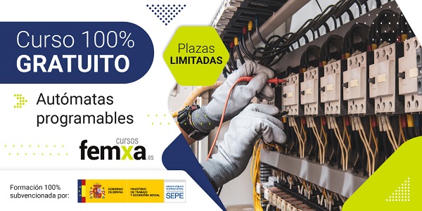 cartel anunciador del curso de automatas programables de femxa, se ven unas manos manejando un cuadro eléctrico