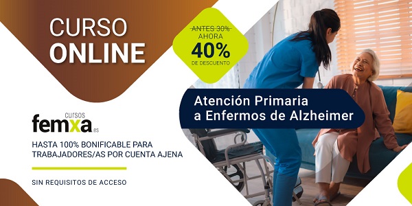 Cartel anunciador del curso de alzheimer, se ve una cuidadora con una señora mayor