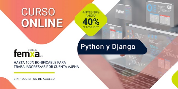 cartel anunciador del curso de python de Femxa, se ve un teclado de ordenador y se lee un descuento del 40 por ciento