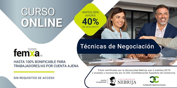 Cartel anunciador del curso de curso de técnicas de negociación, se ve una chica y un señor de pelo blanco llegando a un acuerdo