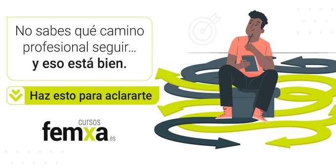 Dibujo de un chico con boli y libreta y muchas flechas que indican que no sabe qué camino profesonal seguir