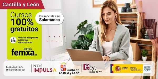 chica de pelo largo realizando un curso presencial en Castilla León, foto insertada en el cartel anunciador de cursos presenciales en Salamanca