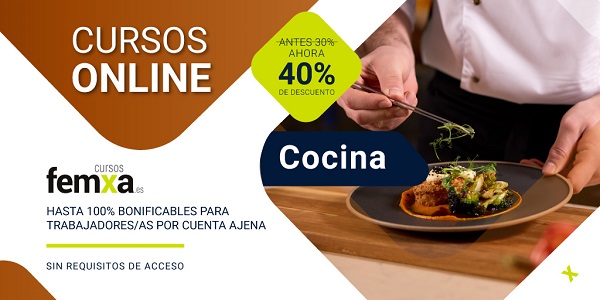 cartel anunciador de los cursos privados bonificables de cocina, se ve un descuento del 40% y una imagen de una mano de cocinero colocando brotes en un plato