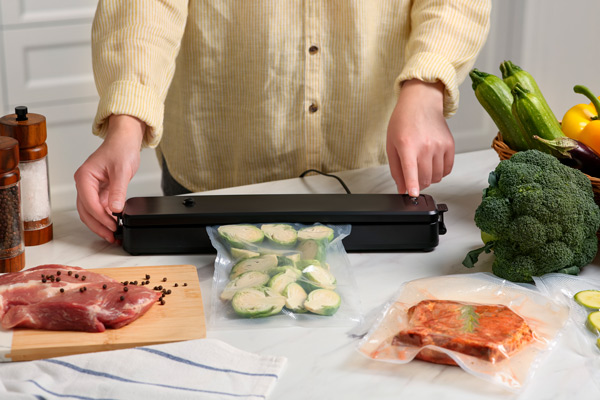 persona con una maquina de vacío preparando raciones de alimentos para cocinar con el método sous vide, envasándolos sin aire en plástico
