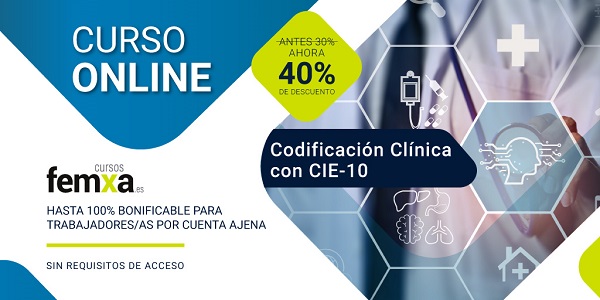 Banner que anuncia el curso de codificación clínica con CIE 10, se ven iconos de sanidad y el log de cursos femxa