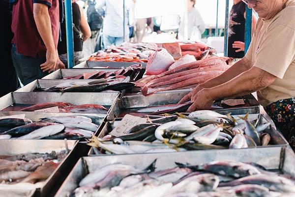 gente comprando y vendiendo pescado