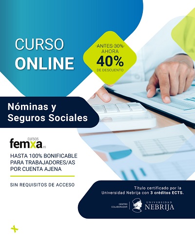 Cartel anunciador del curso de nóminas y seguros sociales, se ven una manos trabajando en una calculadora y un listado, y los logos de cursosfemxa y la universidad nebrija