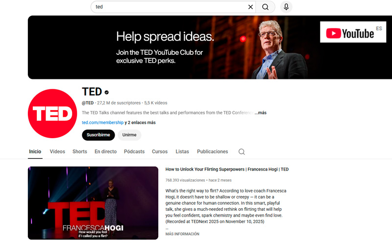 Portada de Youtube de charlas TED en inglés, una forma de mejorar el nivel de inglés