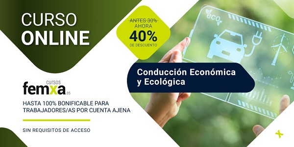 Panel eco de un coche, insertado en el cartel anunciador del curso online de Femxa sobre conducción económica y ecológica.