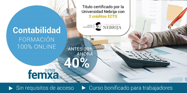 cartel del curso de contabilidad bonificable y certificado por la universidad Nebrija