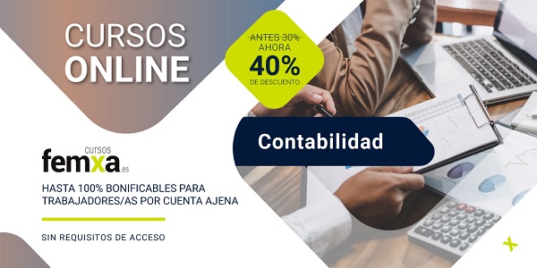 Cartel que anuncia los cursos de contabilidad de Femxa, se aprecian ordenadores, calculadoras, informes financieros y manos de personas trabajando sobre ellos