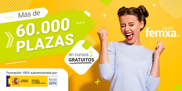 cartel anunciador de las 60.000 plazas disponibles en cursos de formación para el empleo, se ve el logotipo del sepe y una chica morena muy contenta