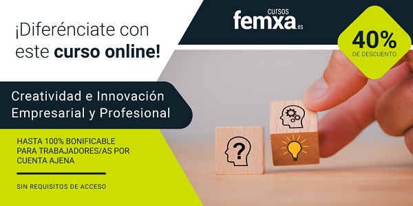 Cartel anunciador del curso bonificable de creatividad empresarial, se ven unos cubos movidos por dedos con diagramas que representan la creatividad