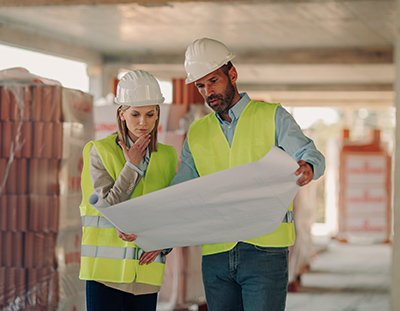 Dos ingenieros, hombre y mujer, con casco y chaleco reflectante revisan los planos y el CTE de construcción en el interior de una obra