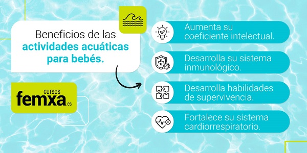 fonde de piscina y esquema de los beneficios de las actividades acuáticas para bebés