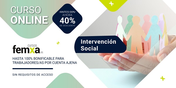 cartel anunciador del curso privado de intervención social, se ven una manos sosteniendo diagramas de personas y un texto con un descuento del 40% y la posibilidad de bonificación del curso