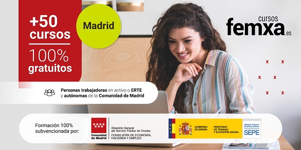 cartel anunciador de los cursos gratuitos para la comunidad de Madrid, se ve una chica joven de pelo largo estudiando en un portátil