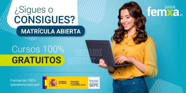 chica joven estudiando en un ordenador portátil, la imagen forma parte del cartel anunciador de los cursos gratuitos de femxa