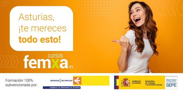 Chica joven muy contenta por la oferta de cursos femxa en Asturias que ve en el cartel anunciador