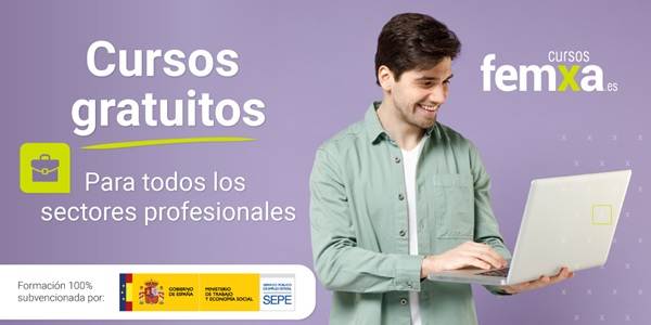 cartel anunciador de los cursos de femxa para todos los sectores profesionales, se ve a un chico con un portátil en la mano haciendo un curso online