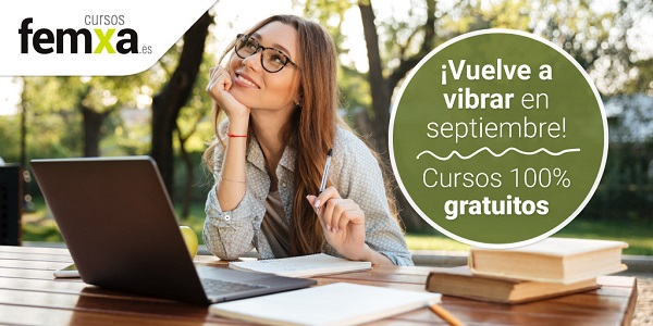 chica joven estudiando en otoño en el cartel de los cursos gratuitos de cursos femxa para septiembre