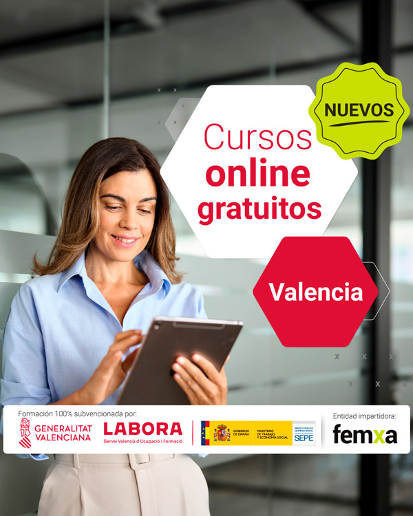chica solicitando cursos de labora en valencia en un portátil con elementos gráficos que indican cursos gratuitos de labora