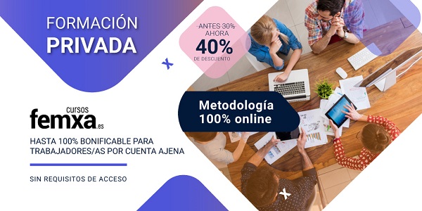 Banner anunciador de los cursos online de Femxa, se ve una mesa con portatiles, tablets y personas trabajando