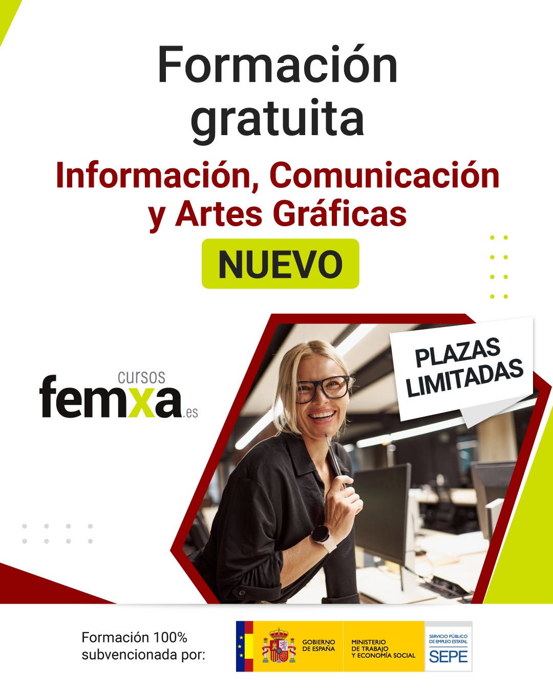 cartel de los cursos del sector de información y comunicación se ve a una chica joven rubia con gafas en un ordenador