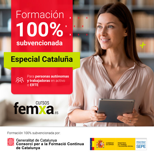 Chica joven de pelo largo haciendo un curso del SOC en una tablet, foto insertada en el cartel anunciador de los cursos de Cataluña de Femxa