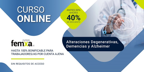 Cartel anunciador del curso de Alteraciones Degenerativas, Demencias y Alzheimer, se ve un descuento del 40%  y la figura desenfocada de un médico con bata y el diagrama de un cerebro