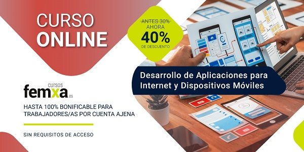 Cartel del curso de desarrollo de aplicaciones para móviles en el que se ven varios bocetos de interfaz para móvil