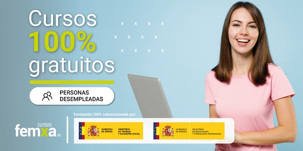 chica joven con un portátil en el cartel de los cursos gratuitos para personas desempleadas de cursos femxa