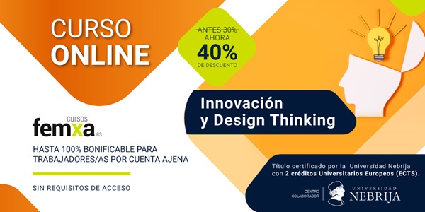 Cartel del curso online privado bonificable sobre design thinking, certificado por la universidad Nebrija